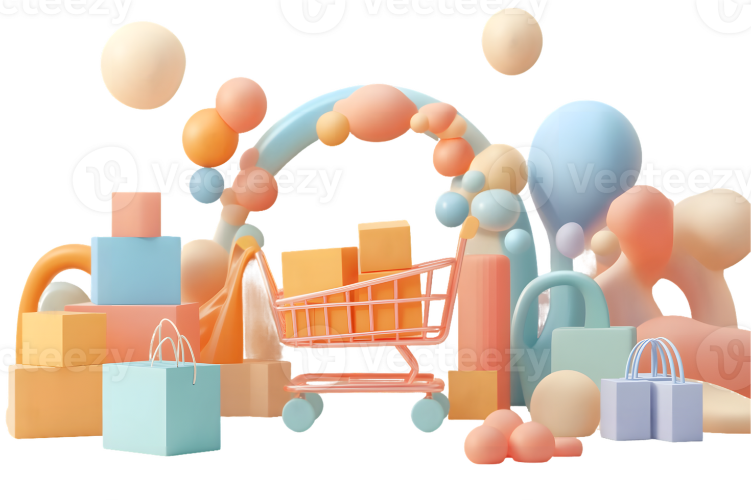 Cheerful shopping cart surrounded by pastel geometric shapes and colorful balloons creating a festive atmosphere for celebrations and creative promotions png