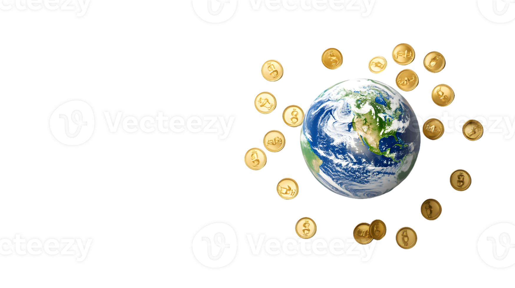 Digital illustration of the Earth surrounded by golden coins representing the intersection of global finance and cryptocurrency in a vibrant financial environment. png