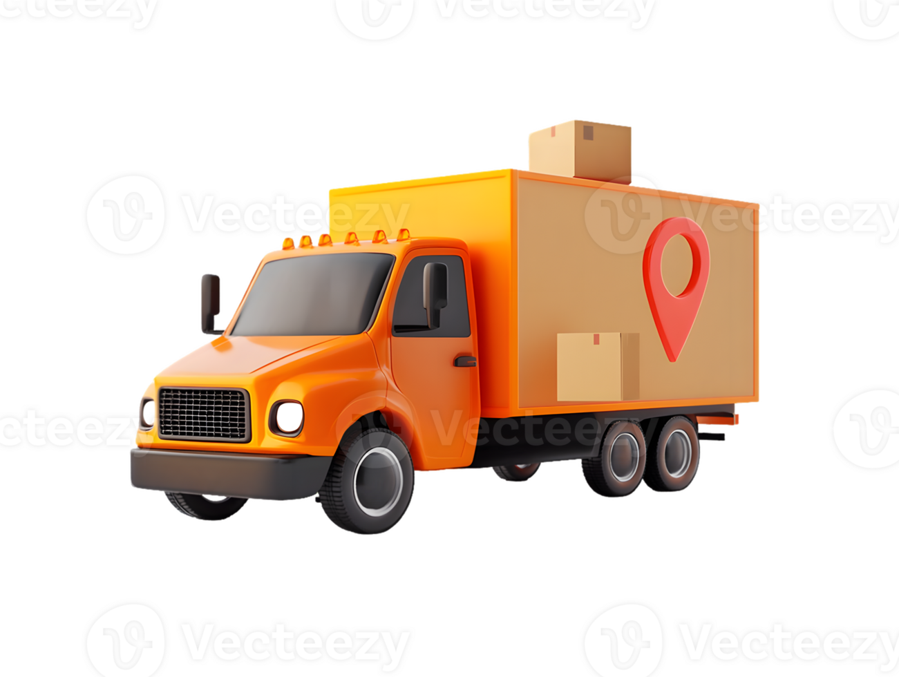 Delivery truck in vibrant orange color with packages and location pin symbol ready for logistics and transportation in urban environments png
