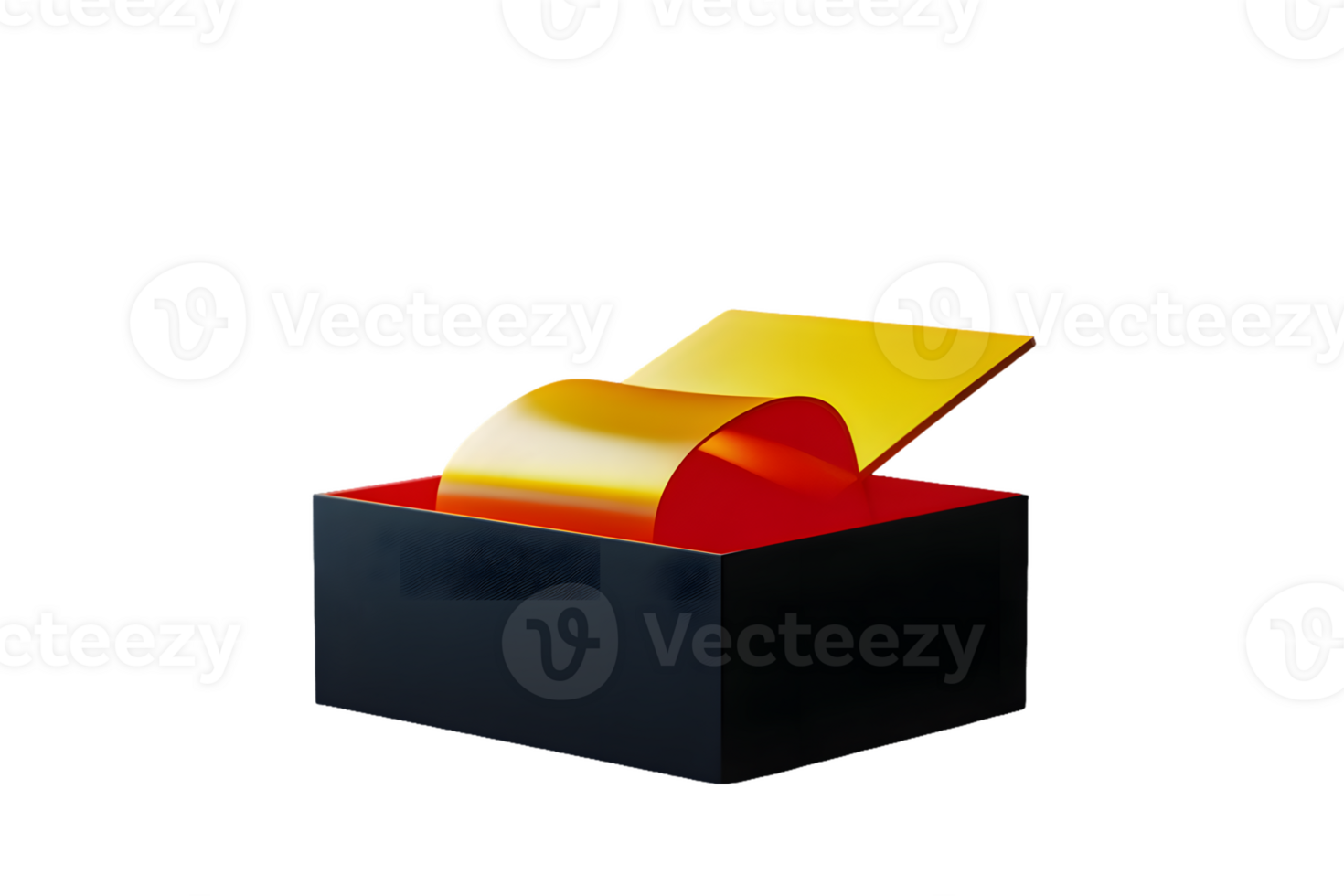 Sleek black box with red interior and vibrant yellow and gold sheets partially opened to reveal an artistic presentation of colors and textures. png