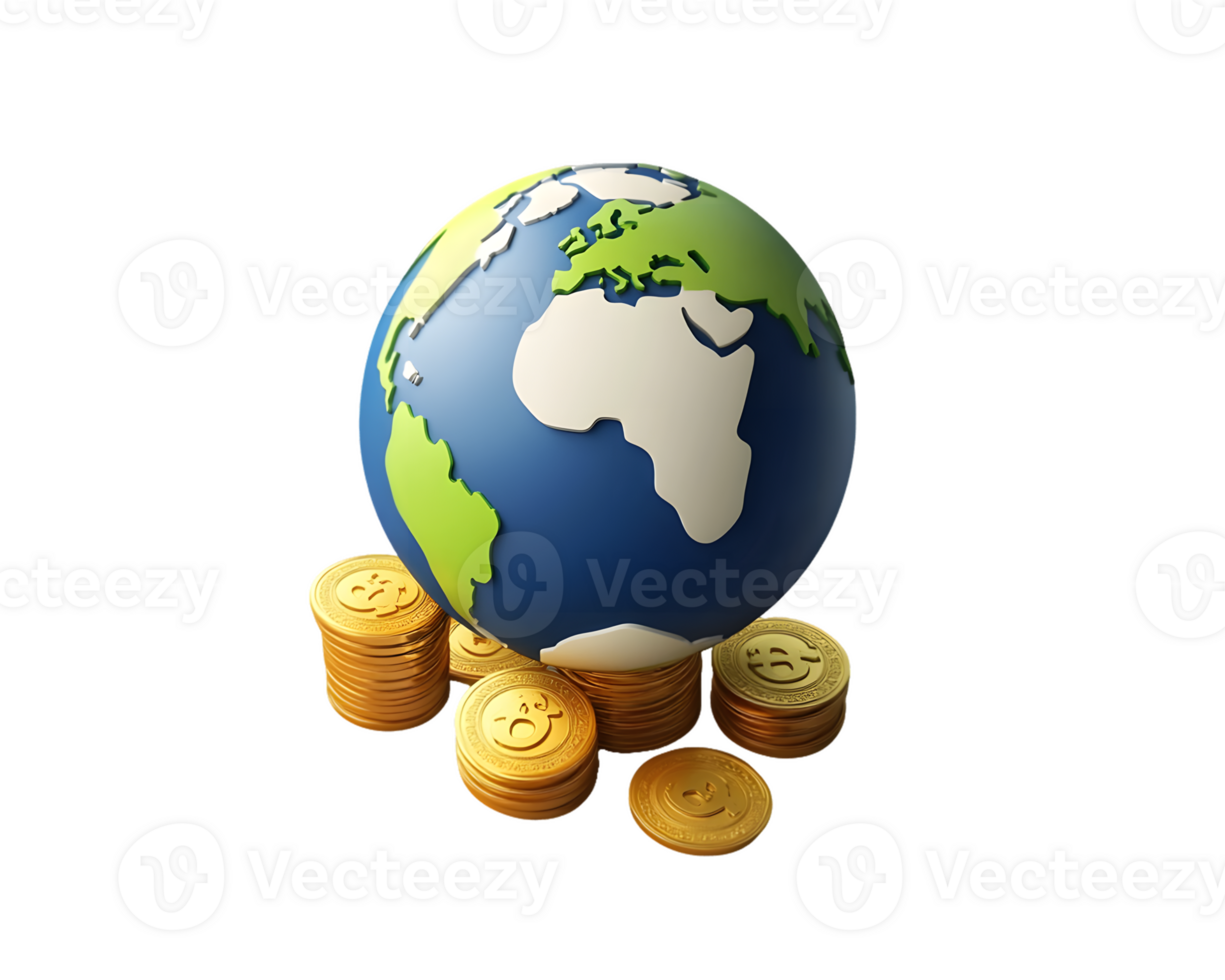 Three-dimensional globe showcasing vibrant continents balanced on a stack of shiny gold coins symbolizing global finance and economic prosperity. png