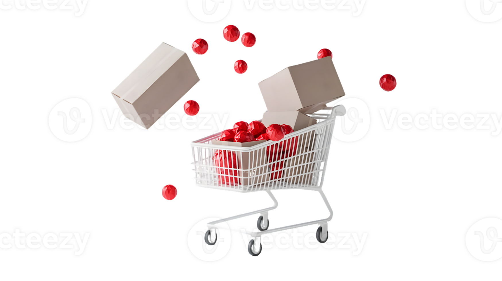 Dynamic shopping cart with colorful red spheres and beige boxes falling in a vibrant scene representing the excitement of modern consumer culture and retail experiences png