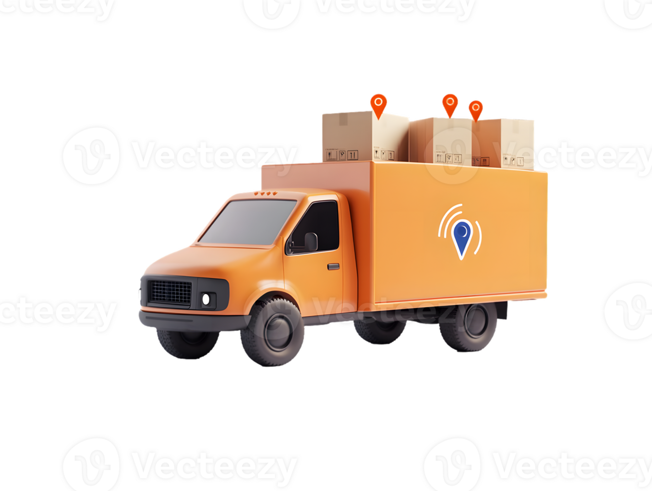 Orange delivery truck loaded with cardboard boxes and location markers symbolizing logistics and transport services for efficient shipping solutions png