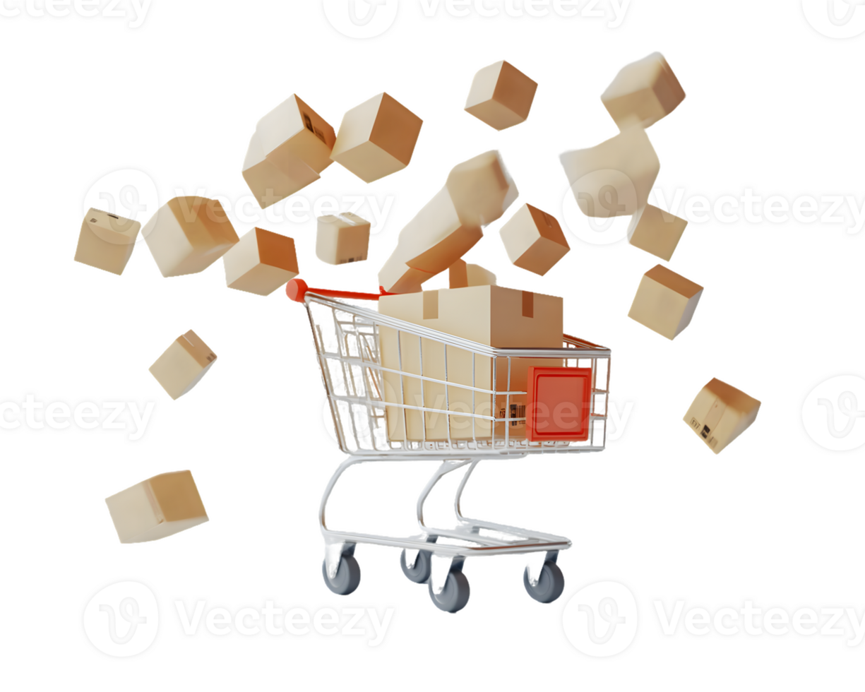 Dynamic shopping cart with floating cardboard boxes symbolizing the excitement of online shopping and quick delivery in a modern consumer world. png