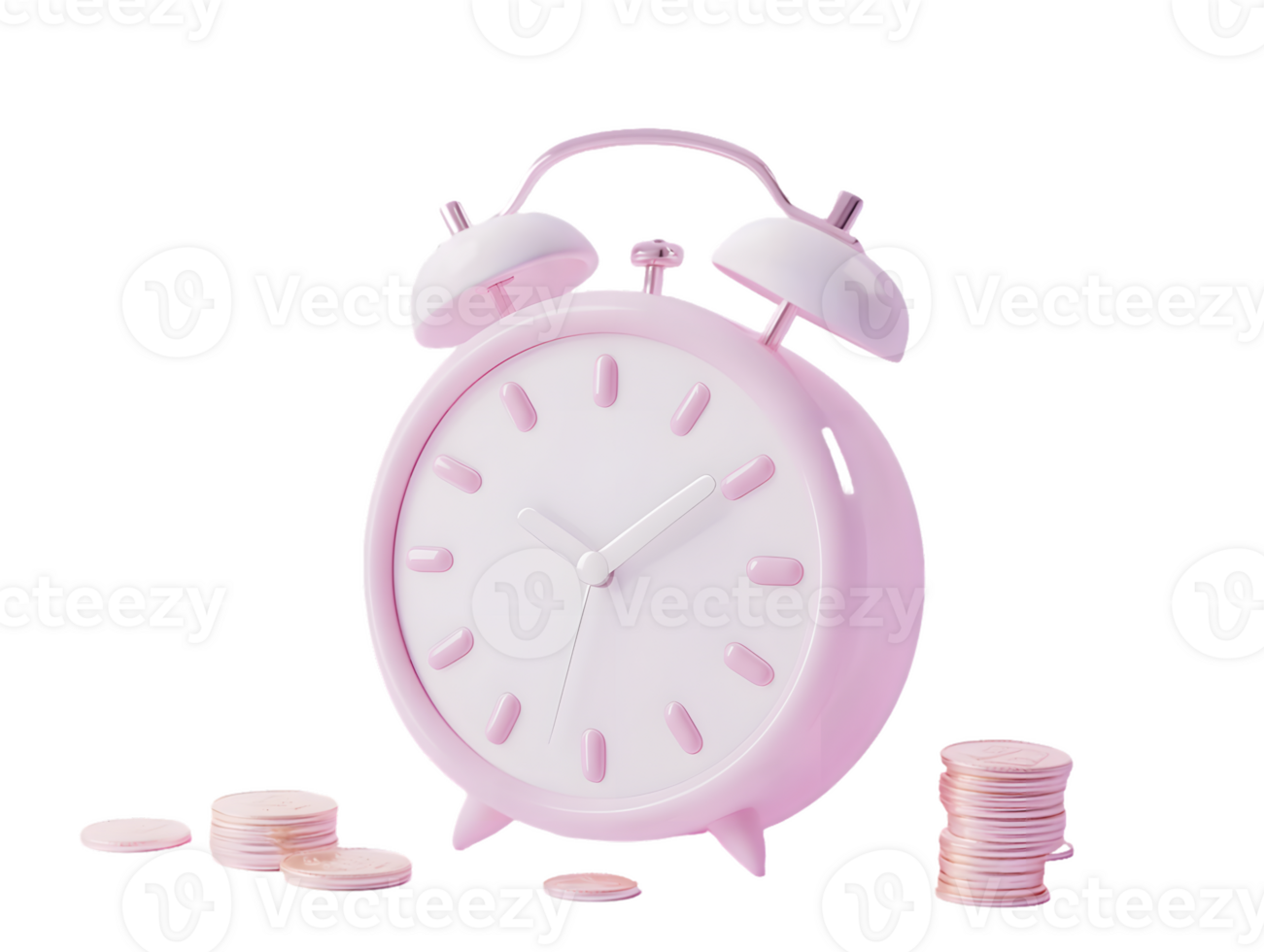Pastel pink alarm clock next to a stack of light pink coins emphasizing themes of time management and financial savings in a minimalist setting png
