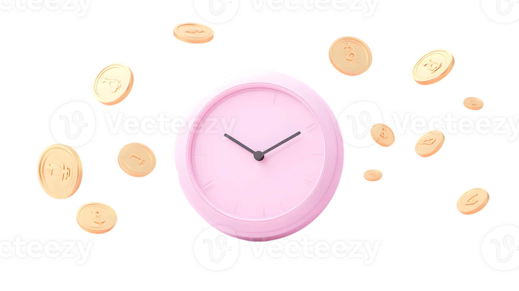 Playful pink clock surrounded by floating gold coins symbolizing the balance of time and financial aspirations in a whimsical design png