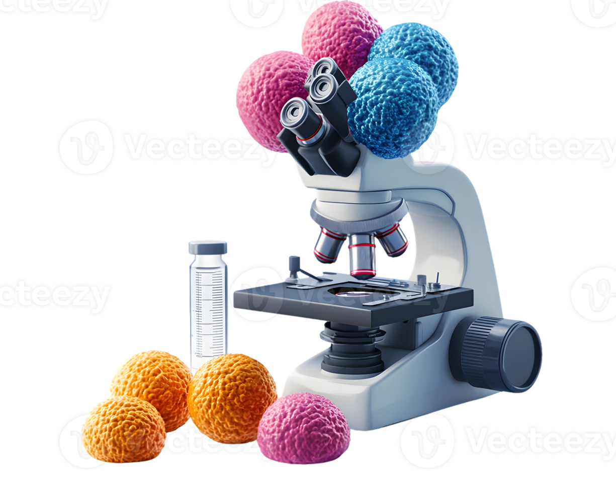 Laboratory microscope surrounded by colorful spherical models representing cells and microorganisms with test tube to enhance scientific research and exploration png