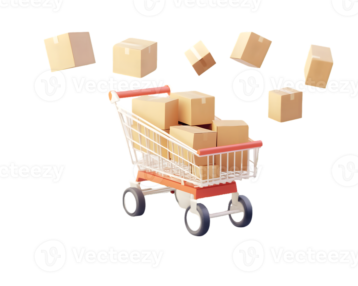 Shopping cart overflowing with cardboard boxes and additional boxes floating in a vibrant and whimsical display of abundance and excitement in contemporary retail png