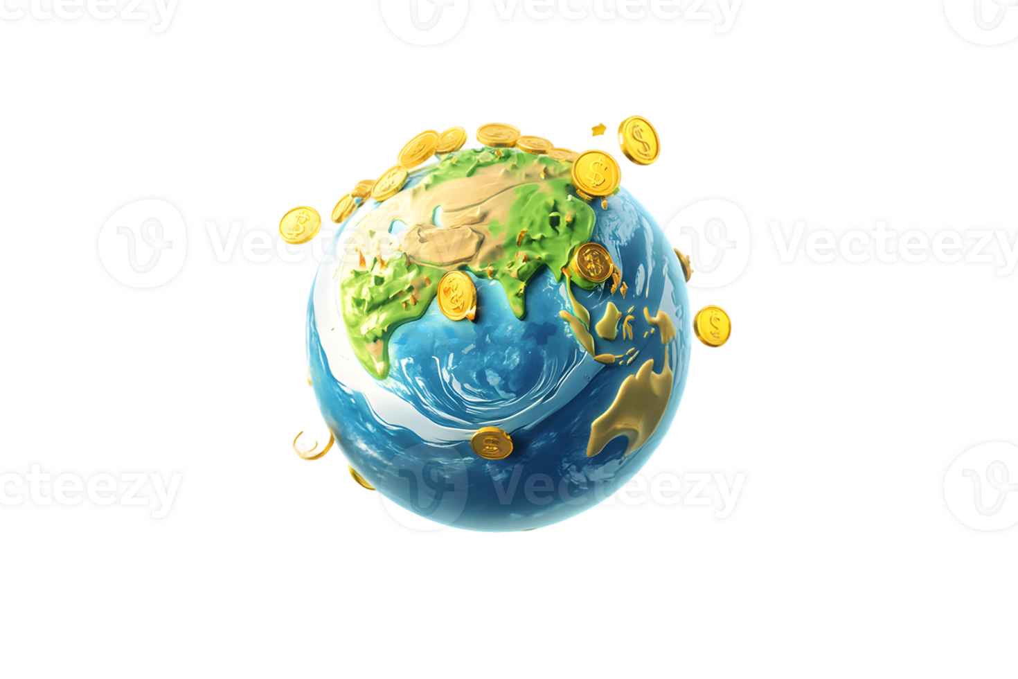 Stylized Earth surrounded by floating golden coins symbolizing wealth and prosperity in a dynamic and imaginative representation of abundance and global economy. png