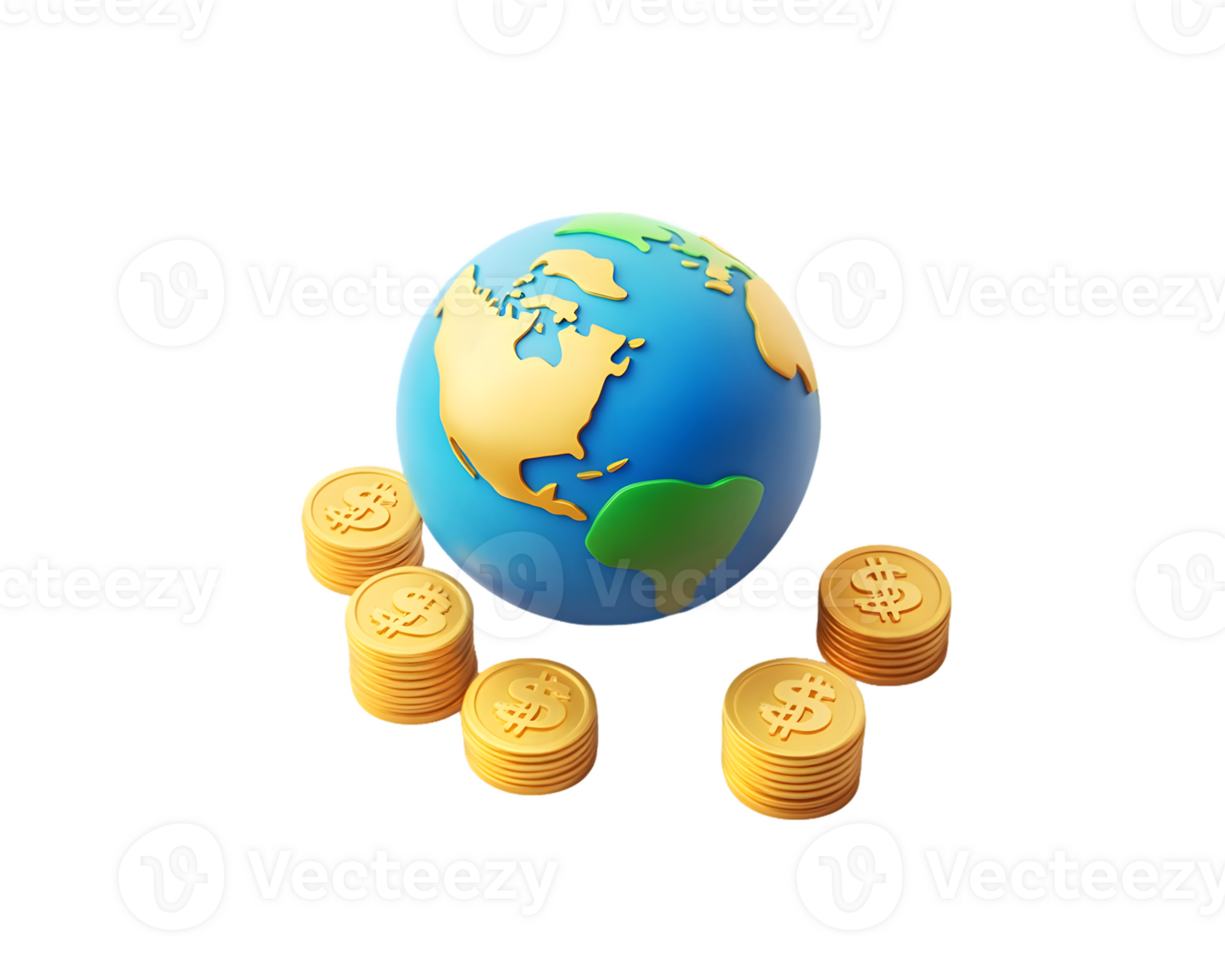 Stylized globe of Earth surrounded by gold coins illustrating themes of finance, global economics and wealth prosperity in a vibrant and colorful design. png
