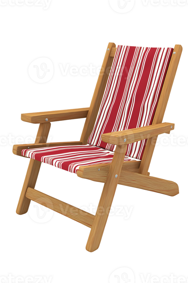 Stylish wooden deck chair with vibrant red and white patterned fabric for outdoor relaxation in a backyard or beach setting png