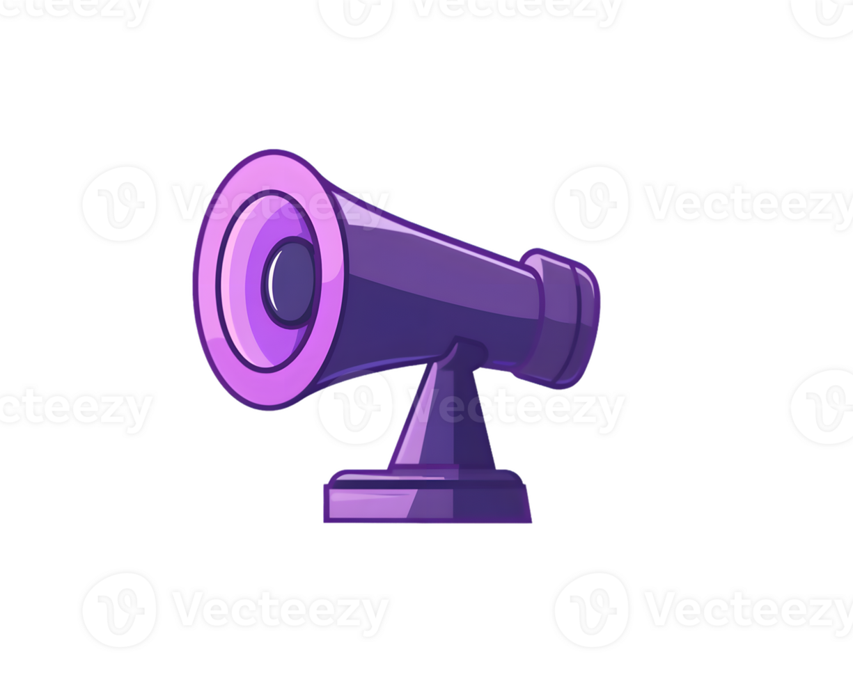 Vibrant purple megaphone standing upright ready for sound amplification and communication in a playful and dynamic setting png