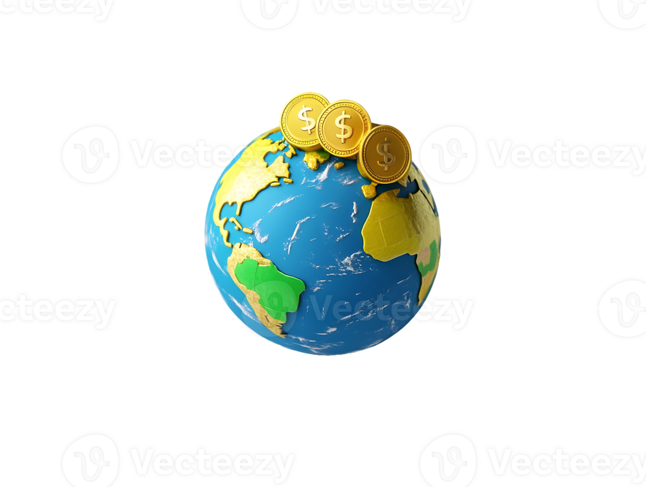 Vibrant globe representing global finance topped with shiny gold coins symbolizing wealth and economic growth. png