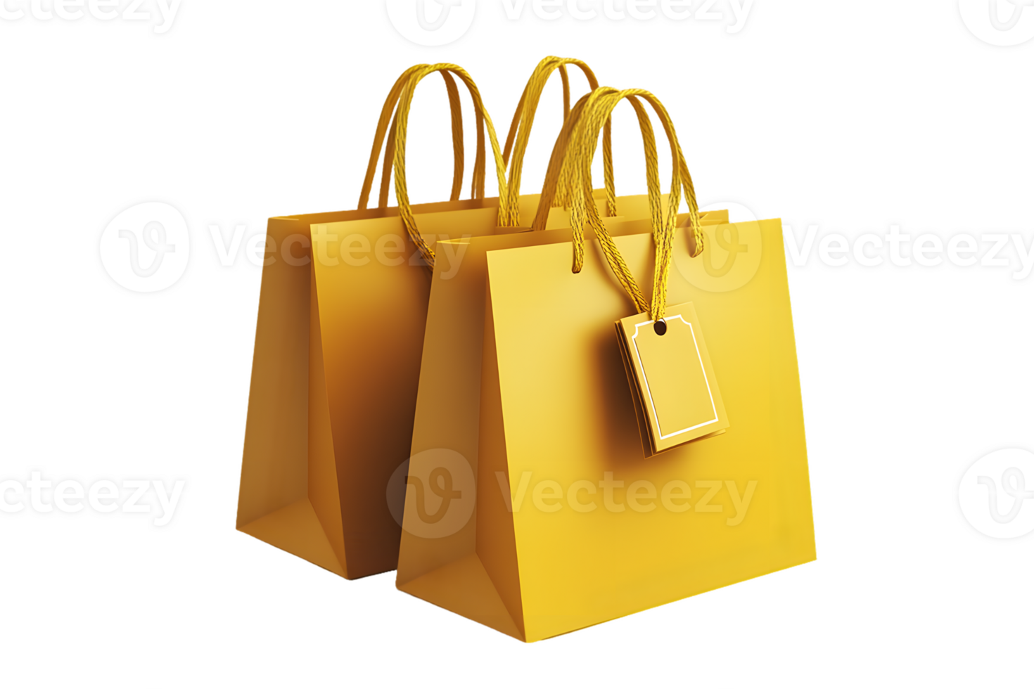 Two vibrant yellow shopping bags with handles and a blank price tag against a simple black background symbolizing retail therapy and contemporary consumer culture png