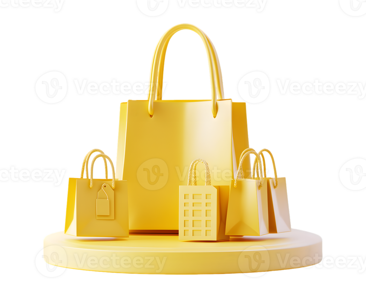 Vibrant collection of yellow shopping bags arranged artistically on a circular display showcasing a cheerful and playful shopping atmosphere png