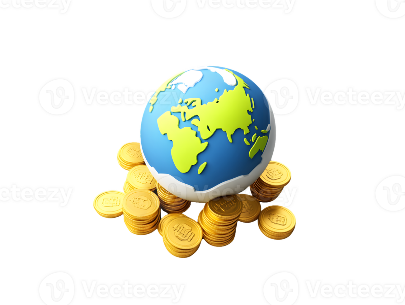 Vibrant globe resting on a golden coin pile symbolizing global wealth and economic connections representing finance and investment png