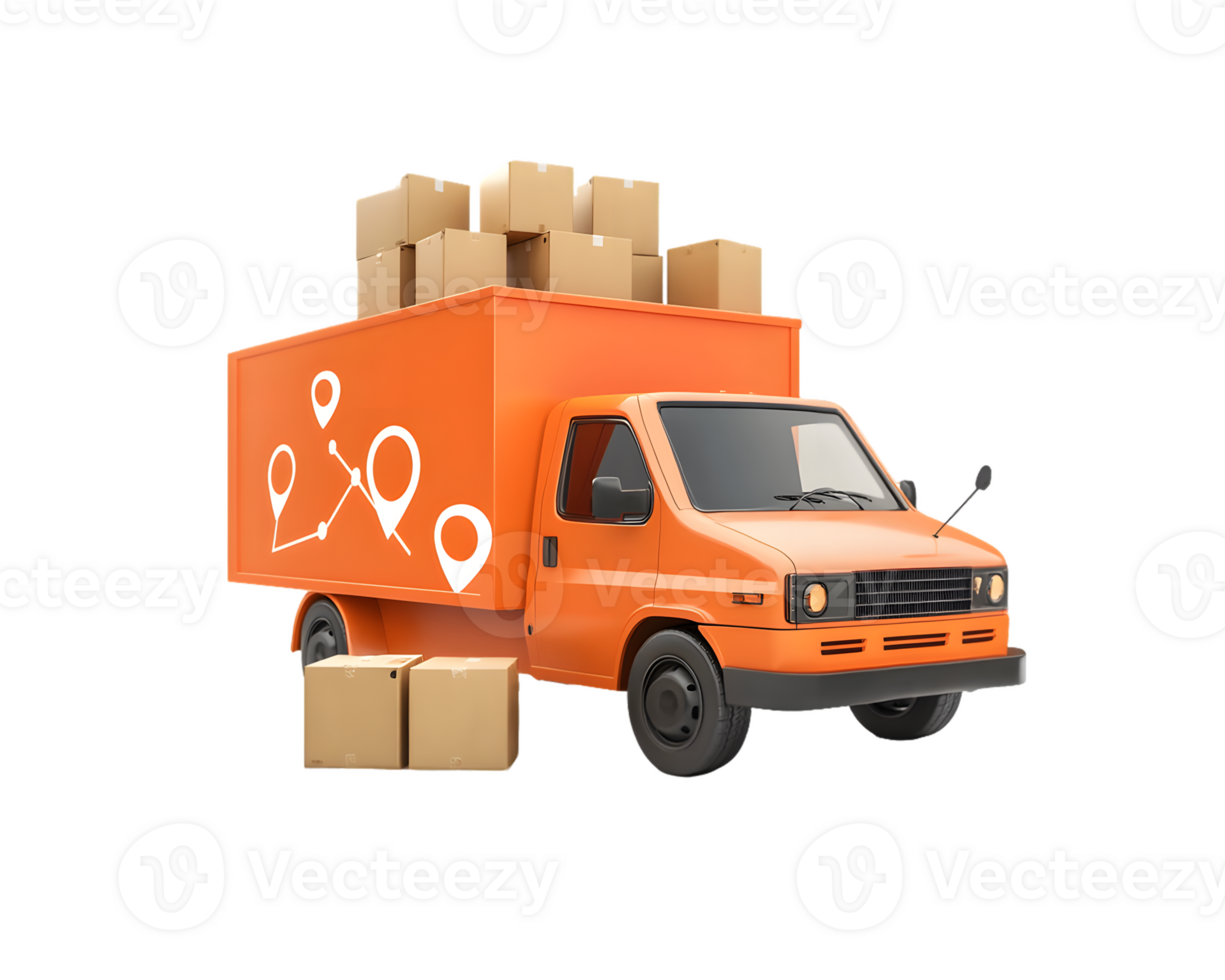 Vibrant orange delivery truck filled with cardboard boxes ready for efficient transportation of goods and supplies png
