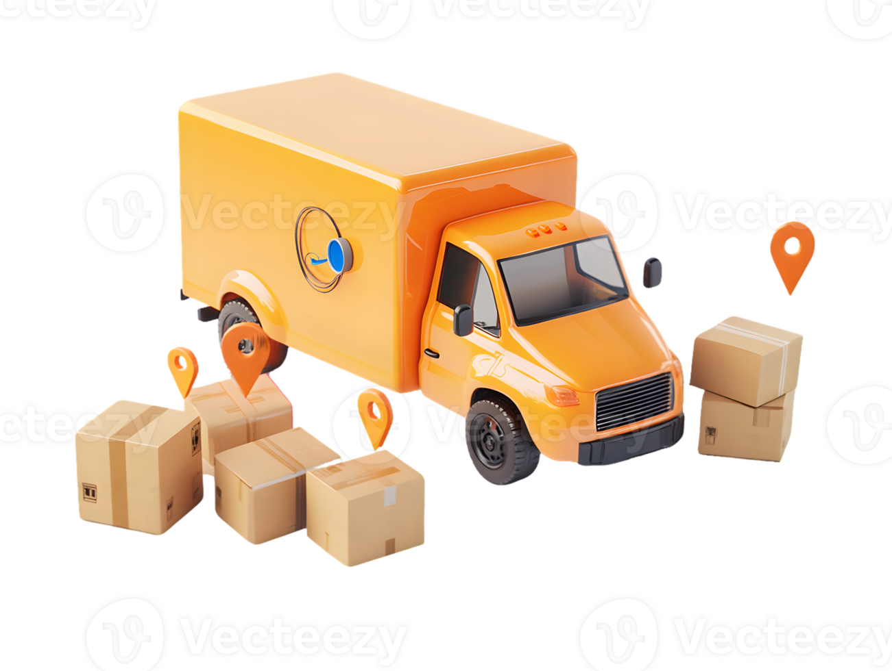 Vibrant orange delivery truck with cardboard boxes and location markers representing logistics and efficient transportation solutions in a dynamic urban scene png