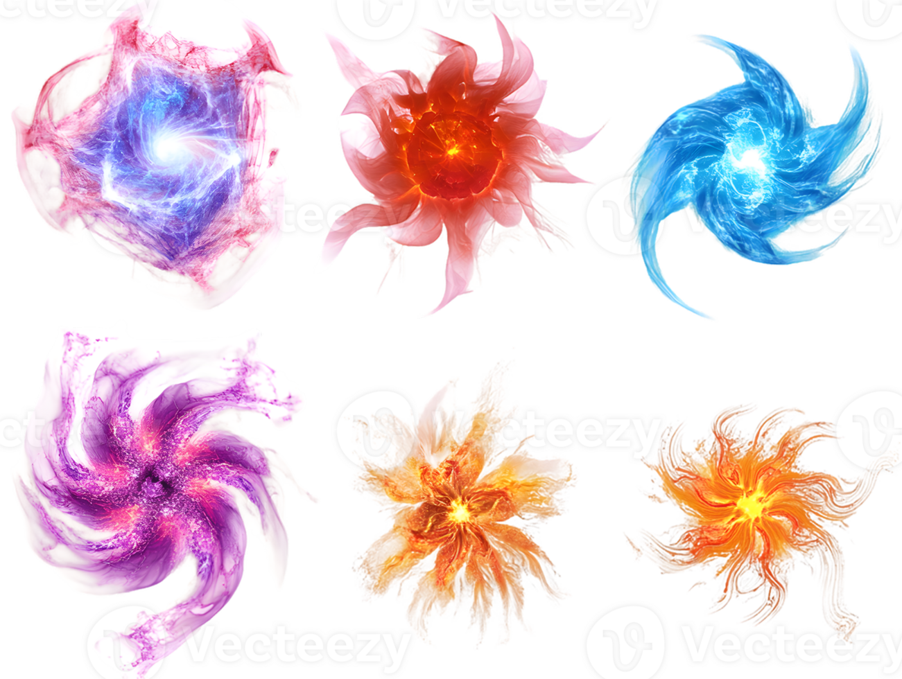 Vibrant collection of colorful energy swirls with dynamic shapes and glowing accents creating an ethereal and lively abstract illustration png