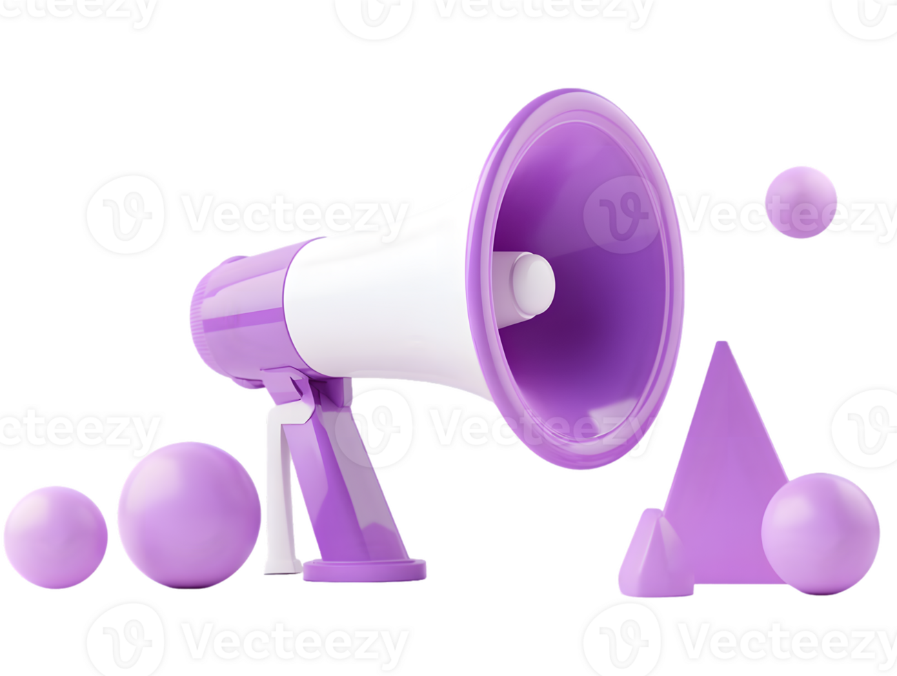 Vibrant purple megaphone surrounded by playful geometric shapes creating a modern and colorful visual composition png