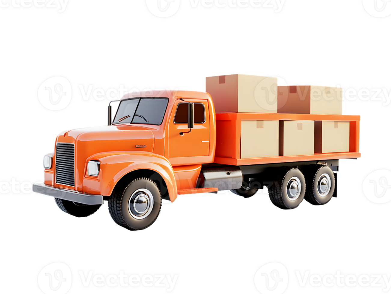 Vintage orange delivery truck with cardboard boxes on flatbed against plain background showcasing industrial design png