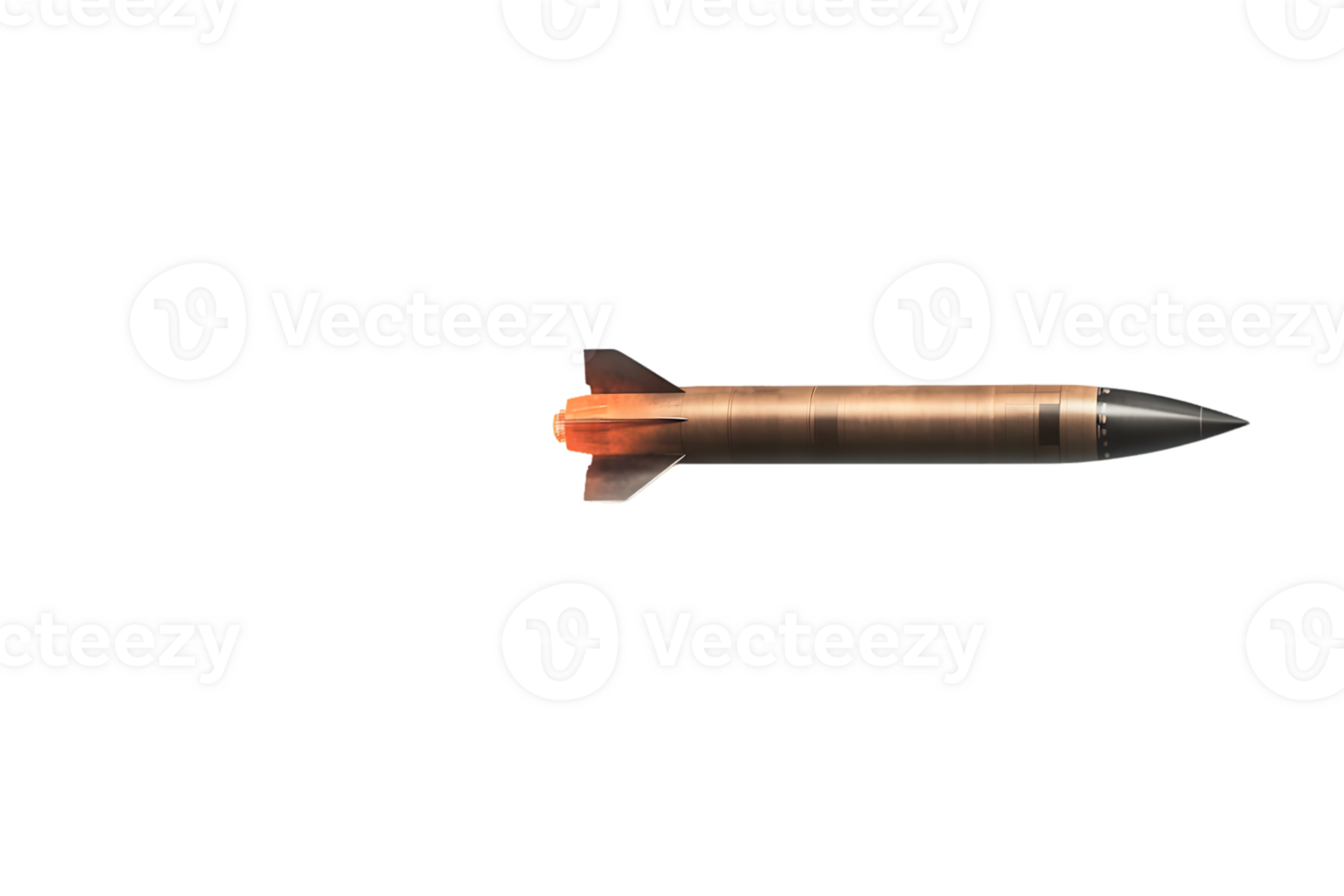Detailed view of missile in mid-flight showcasing propulsion system and aerodynamic design against a contrasting backdrop of vibrant flames. png