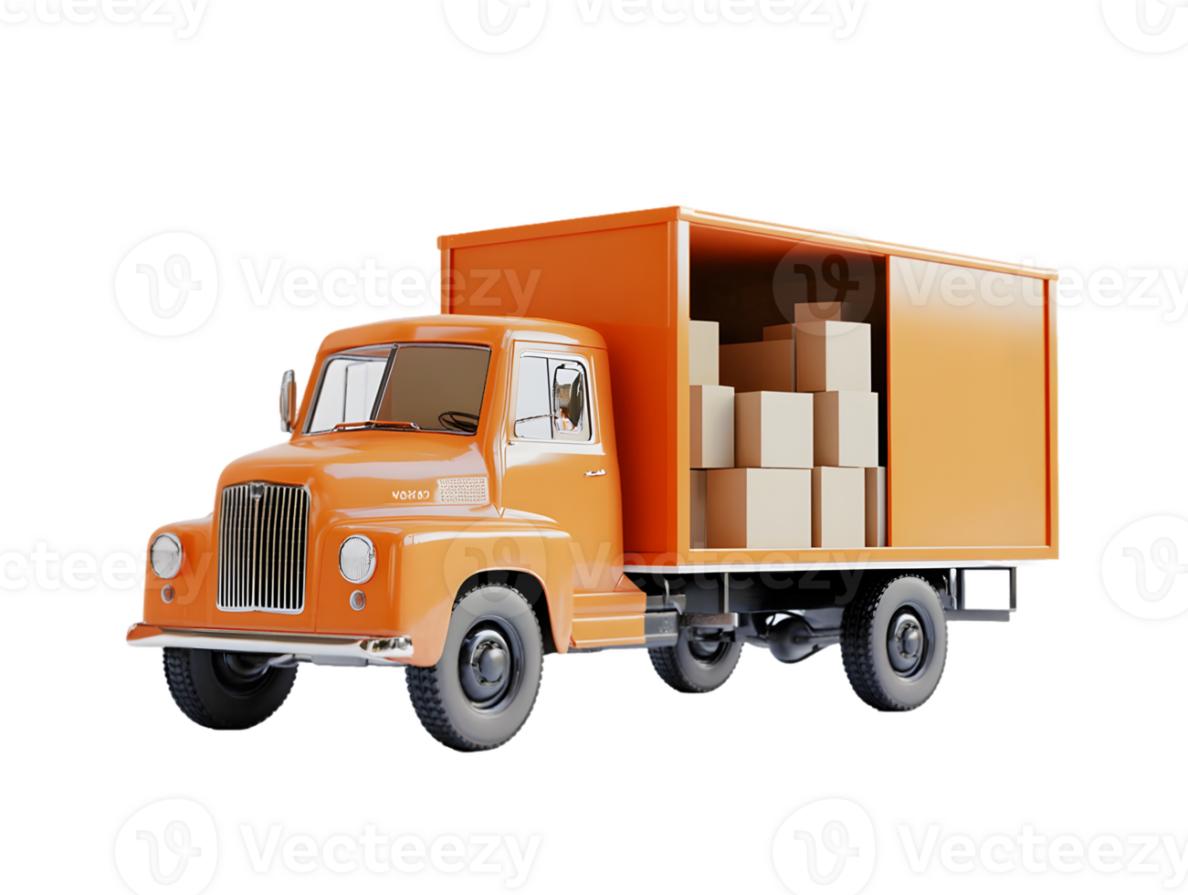 Vintage orange delivery truck loaded with cardboard boxes symbolizing transportation and logistics on a plain backdrop png