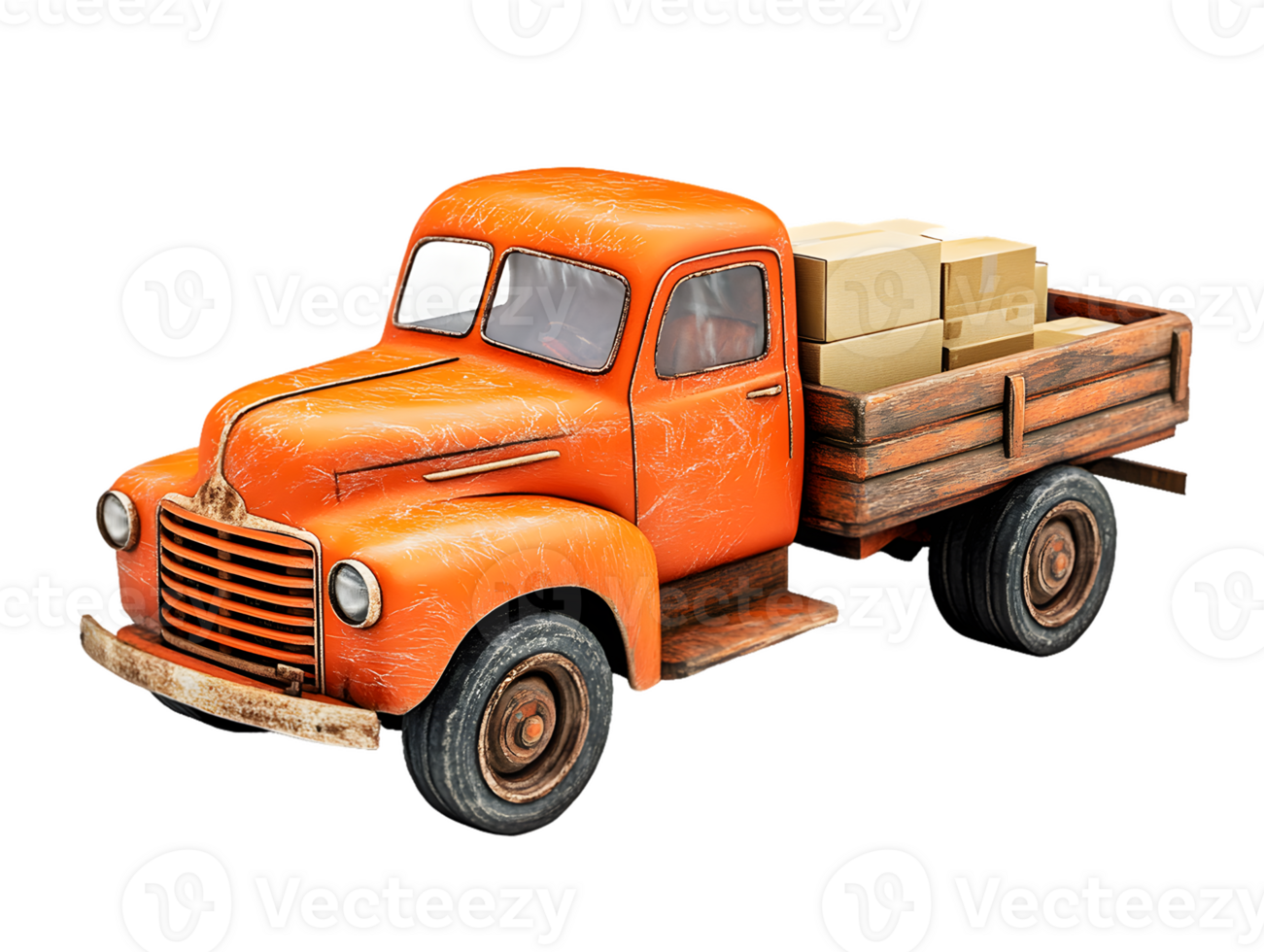 Vintage orange pickup truck carrying cardboard boxes with a rustic charm and weathered design evoking nostalgia for simpler times png