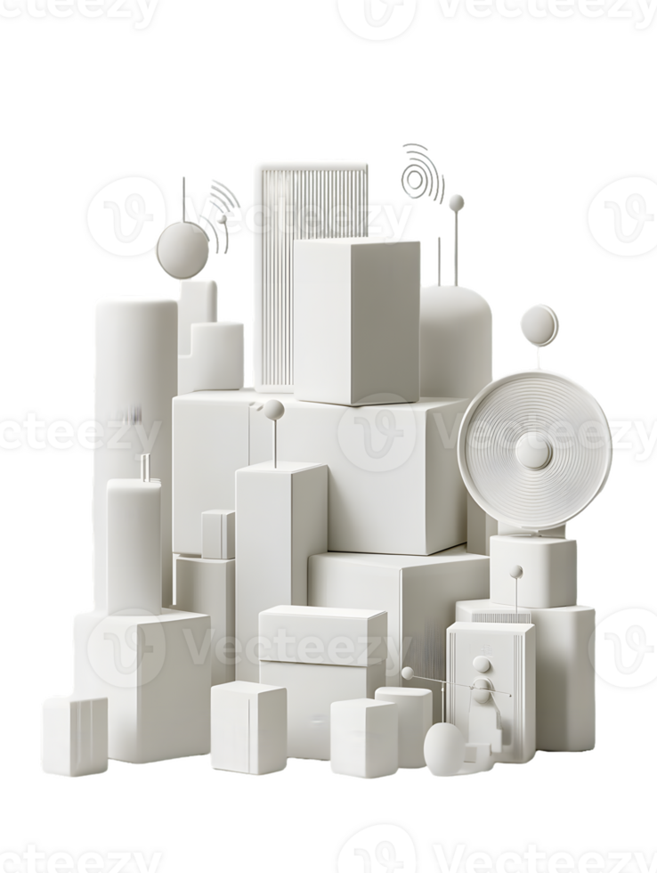 A stunning minimalist arrangement of various geometric shapes including cylinders and spheres in white tones presenting an elegant and modern artistic composition png