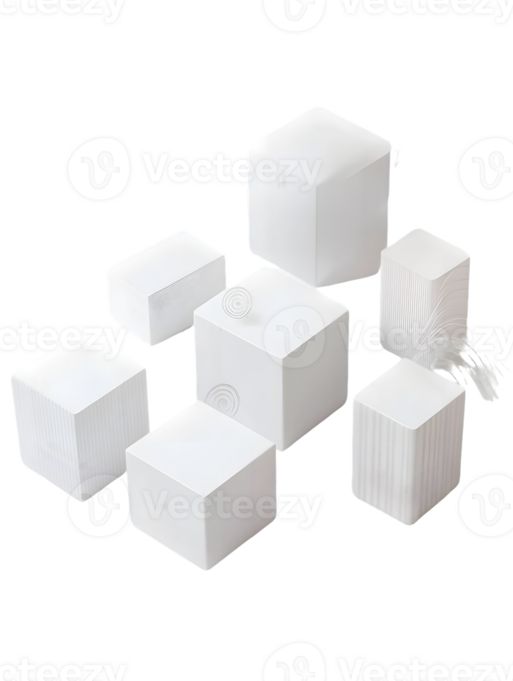 Artistic arrangement of white geometric cubes and rectangular shapes showcasing various textures and patterns in a minimalist and modern style png