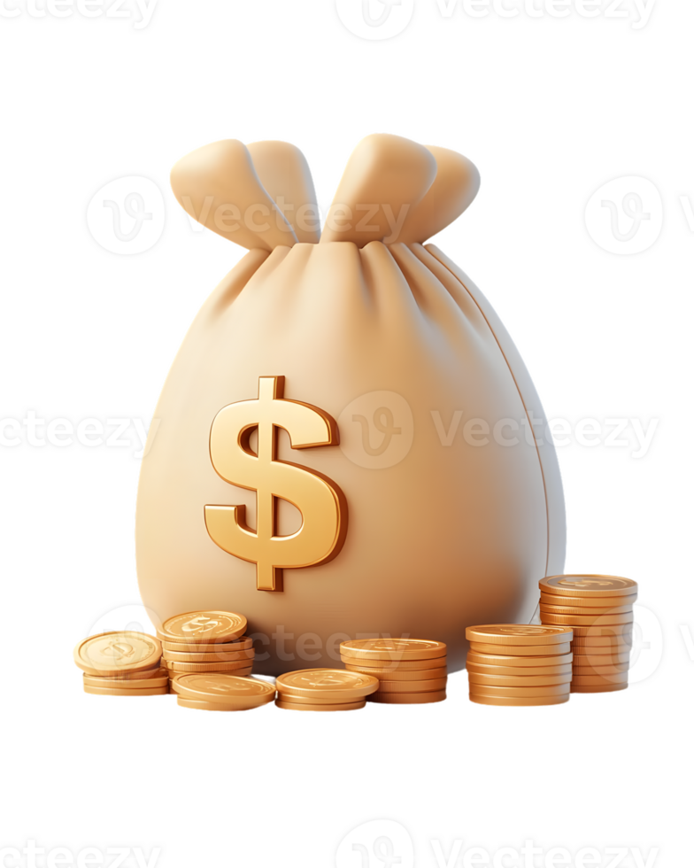 Close up of a beige money bag with dollar symbol next to a stack of shiny gold coins representing wealth and financial prosperity in a symbolic composition png