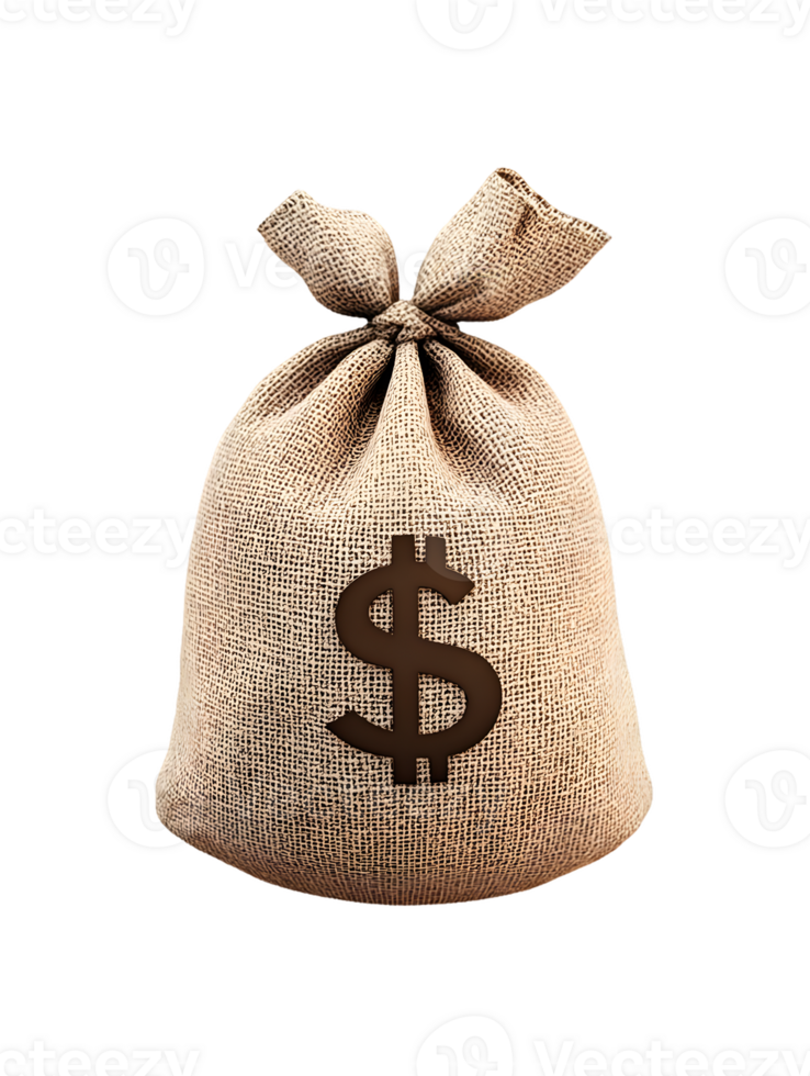Burlap sack tied at the top featuring a prominent dollar sign symbol representing themes of finance wealth and economic prosperity. png