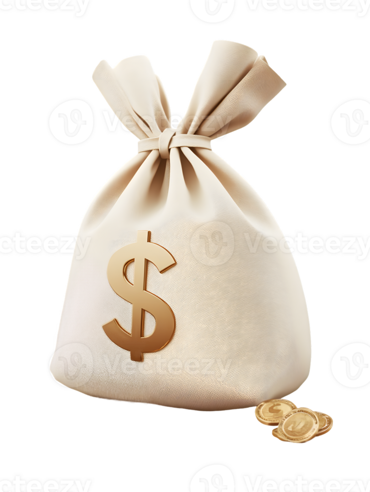 Closed fabric bag with dollar sign symbol filled with shiny coins representing wealth and financial abundance png