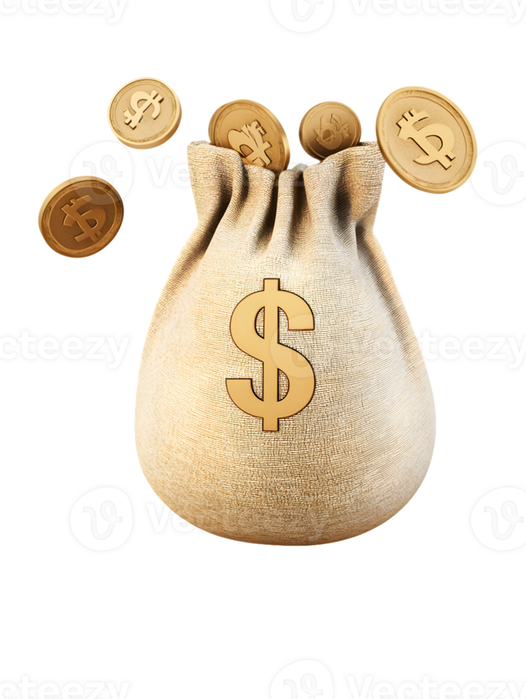 Burlap sack filled with coins spilling out symbolizing wealth and financial abundance in a simple yet impactful composition evoking prosperity and richness. png