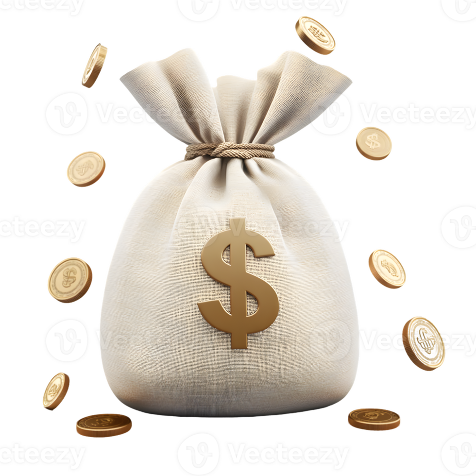 Burlap sack overflowing with coins symbolizing financial wealth and abundance surrounded by scattered coins suggesting prosperity and opportunity. png