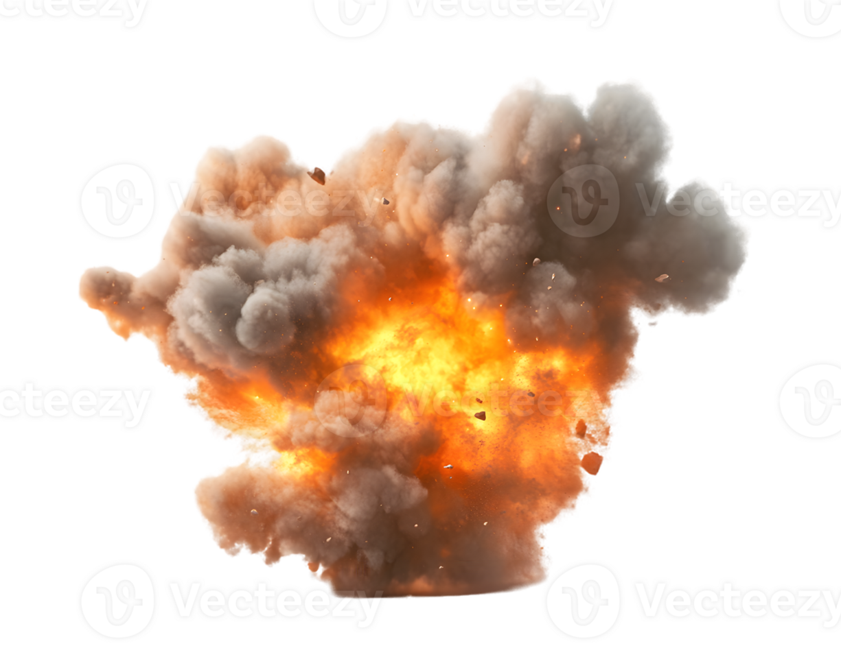 Dramatic explosion with fiery orange and white smoke billowing upward in dynamic burst of energy png