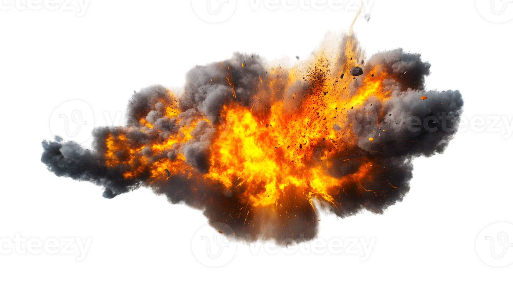 Dramatic explosion with vibrant flames and thick smoke billowing outward creating a powerful visual impact and conveying a sense of chaos and energy. png