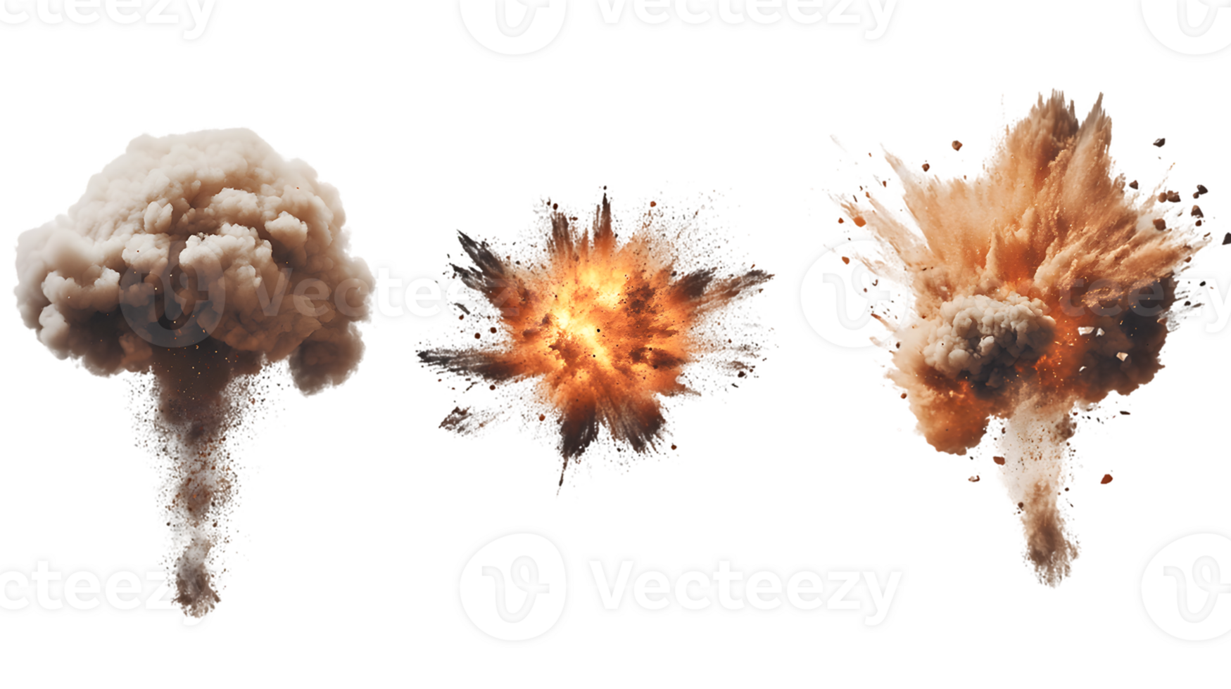 Dramatic series of explosions with smoke and fire bursts showcasing powerful energy and dynamic visual effects in a vibrant display png