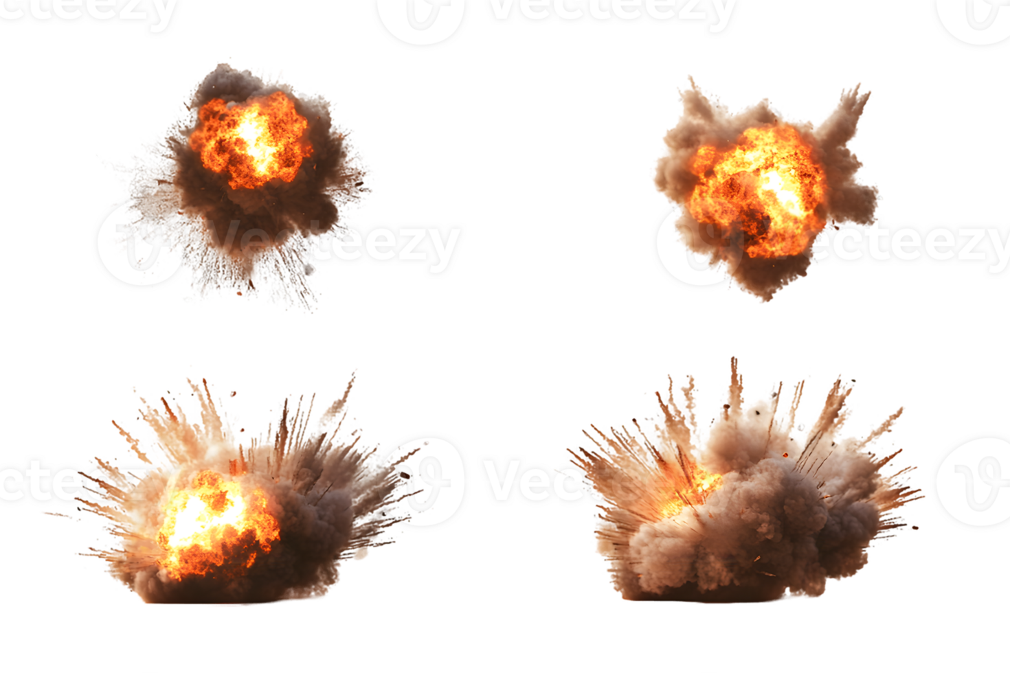 Dramatic series of four explosive bursts capturing dynamic fire and smoke showcasing intense energy and impact in a vivid display of combustion and chaos png