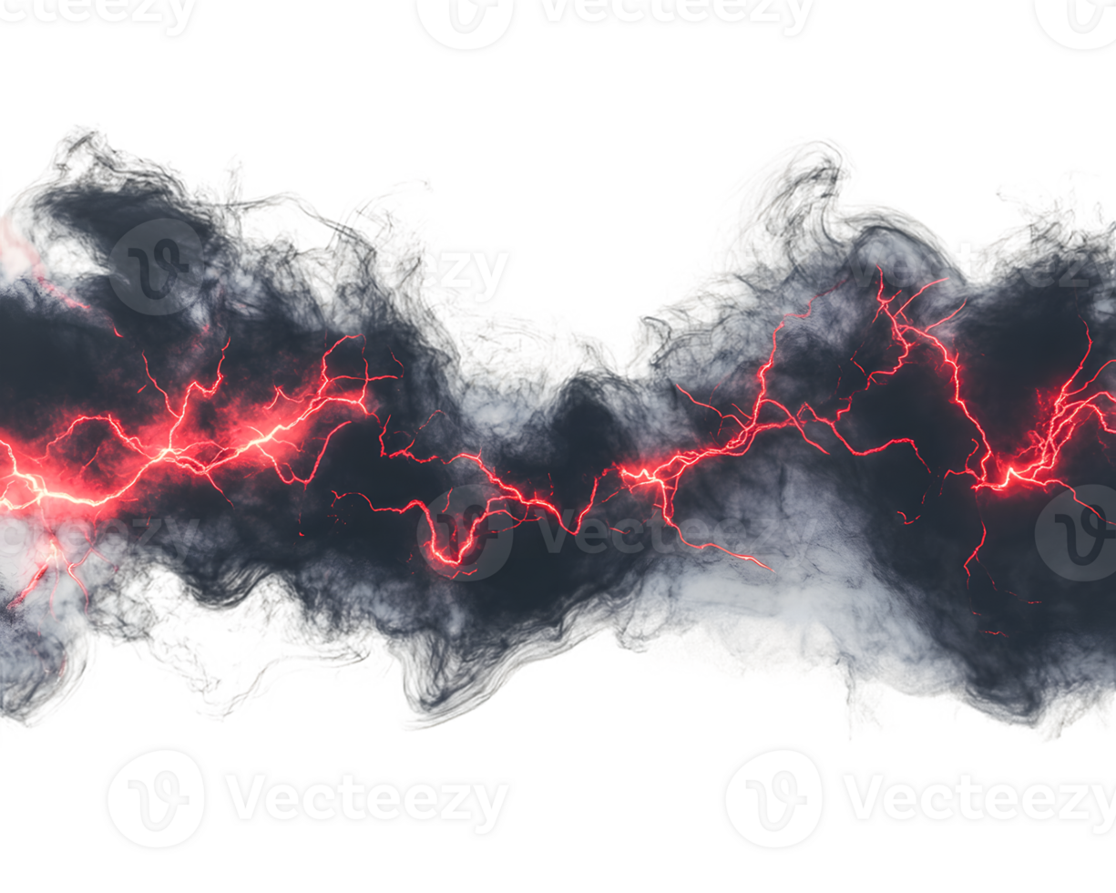 Dramatic display of dark clouds illuminated by striking red lightning bolts in an intense stormy atmosphere evoking awe and fear of nature's raw power png