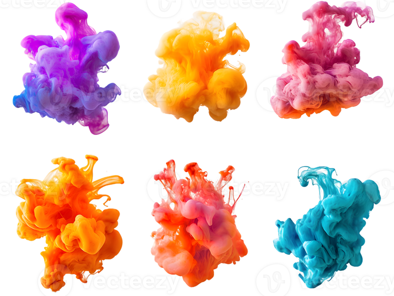 Dynamic and vibrant ink splashes creating colorful swirling shapes in bright hues against a dark background capturing energy and creativity png