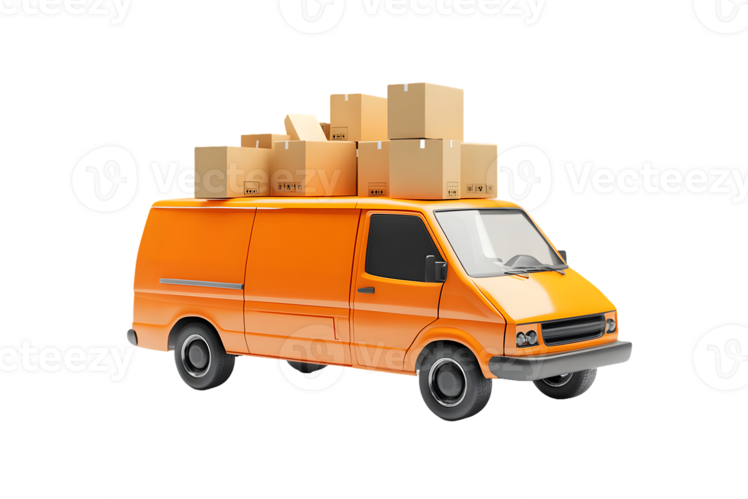 Functional orange delivery van loaded with cardboard boxes symbolizes efficiency in transportation and logistics for moving goods on the road png