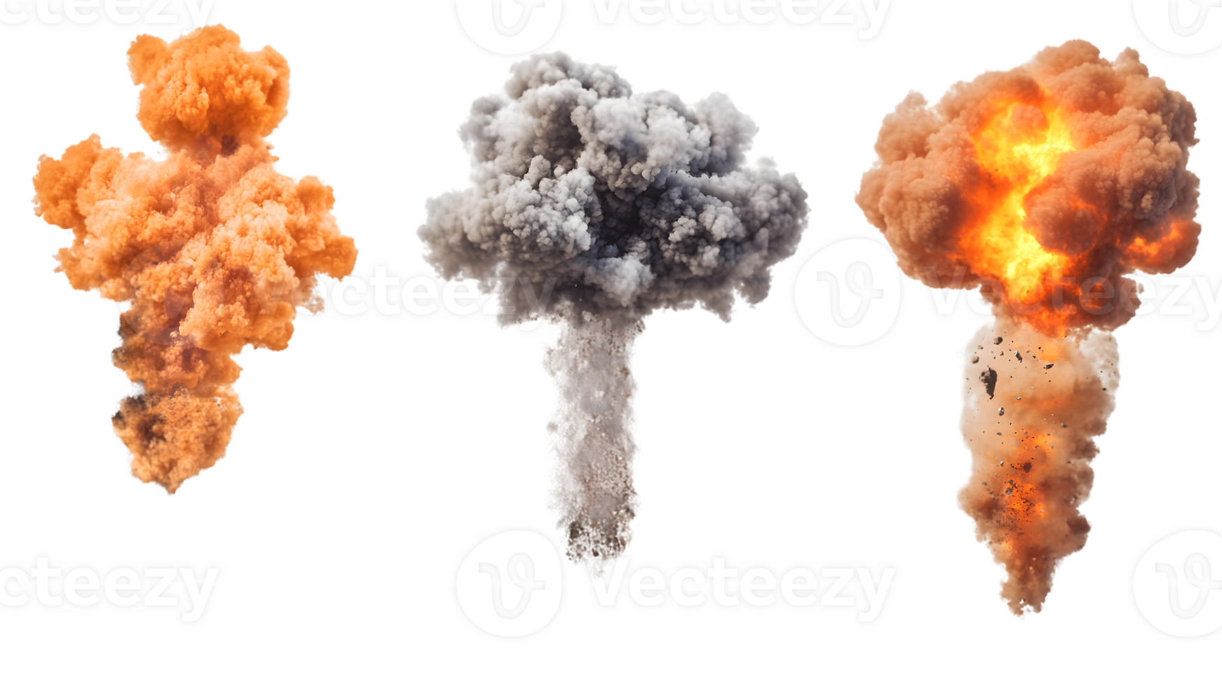 Dynamic explosion showcasing vibrant flames and dense smoke in three stages of detonation highlighting energy, power, and chaos of an explosive event png