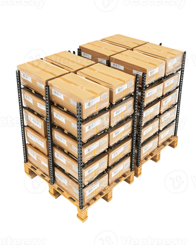 Efficiently stacked cardboard boxes on a wooden pallet in a warehouse highlighting organized logistics and effective storage solutions. png