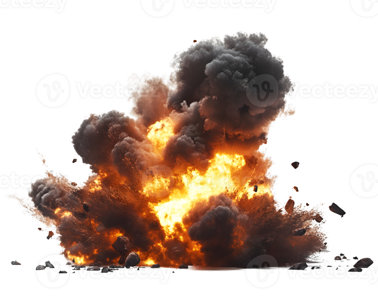 Massive explosion creating a fiery spectacle with dense smoke and debris illustrating chaos and power in a dramatic display png