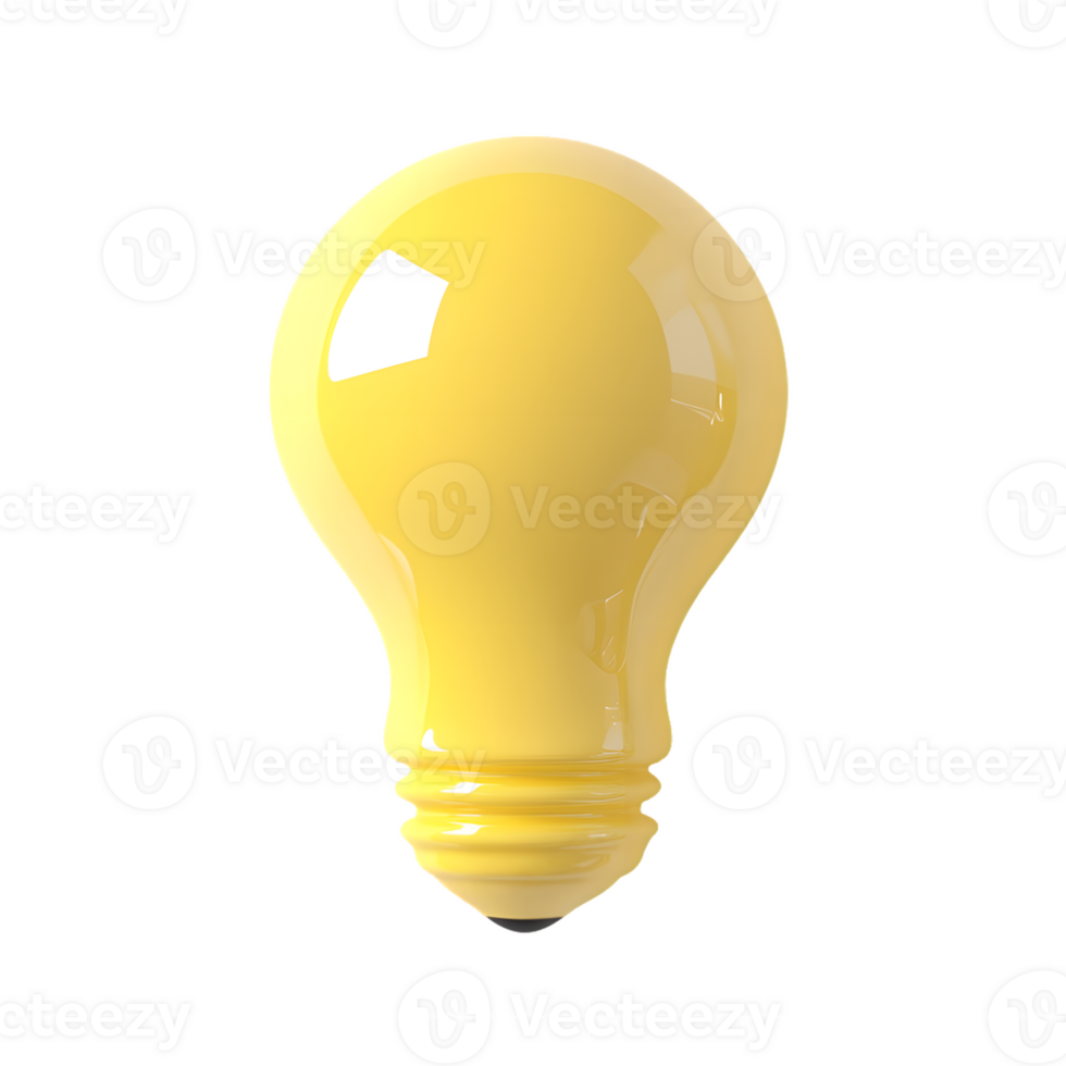 Realistic 3D illustration of a glossy yellow light bulb symbolizing bright ideas and inspiration in a minimalist design context suitable for modern interiors. png