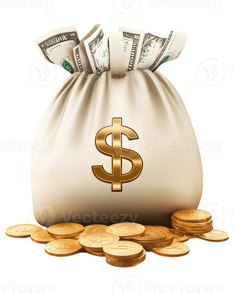 Fabric bag overflowing with cash and gold coins on the ground creating an impression of financial abundance and prosperity with a bold dollar sign png