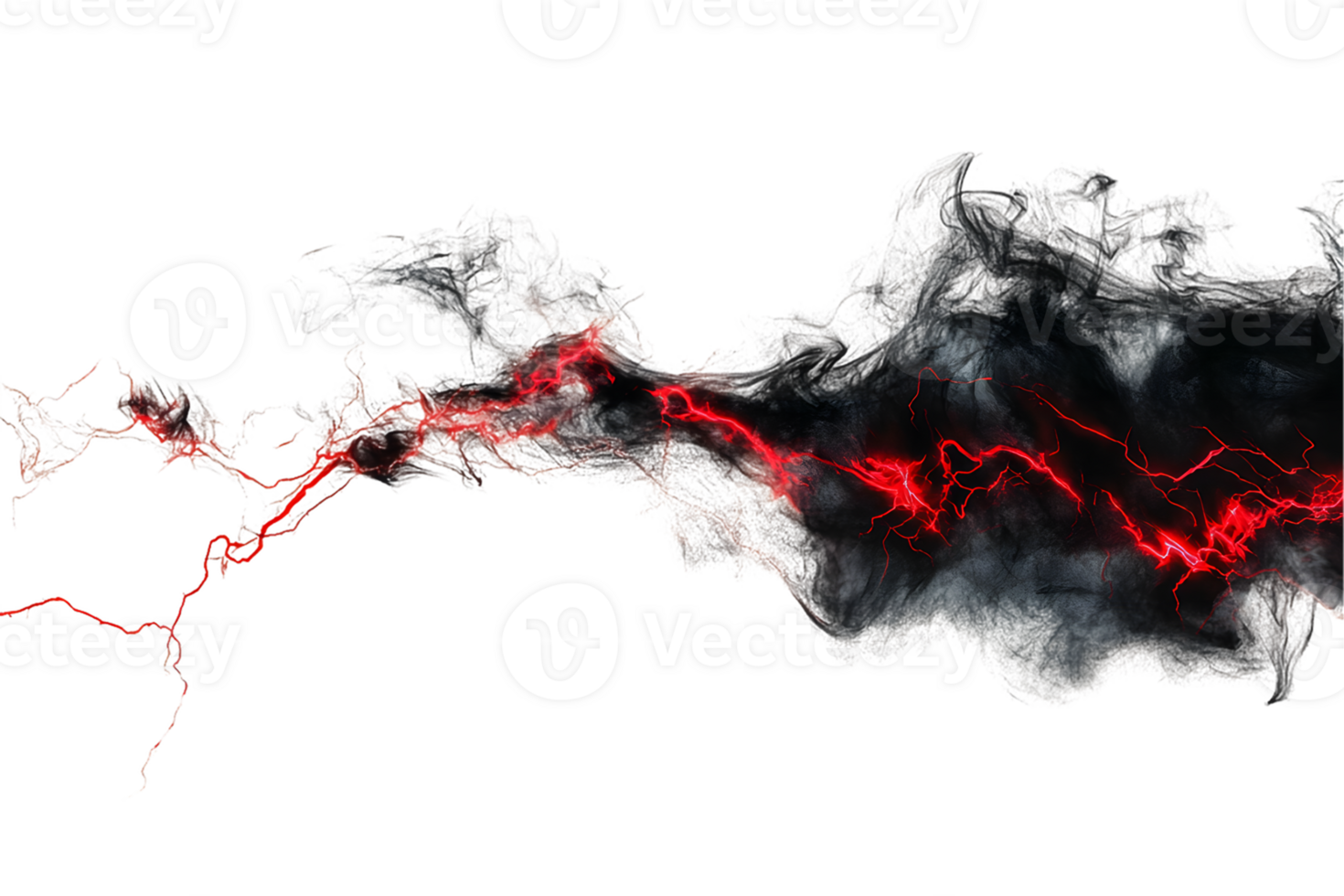 Intense depiction of volcanic activity with molten lava flowing through dark landscape surrounded by swirling clouds of ash and vibrant hues of orange and red png