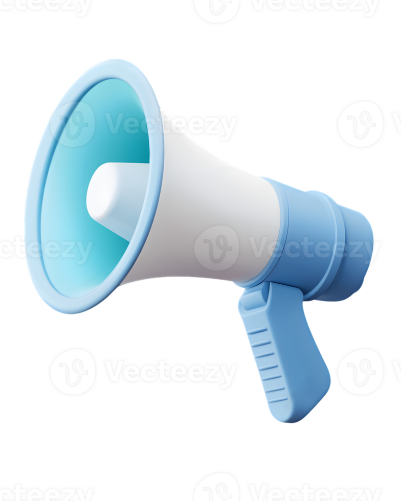Modern megaphone designed in soft pastel colors with a white body and light blue speaker cone symbolizing communication and announcements for various events and functions png
