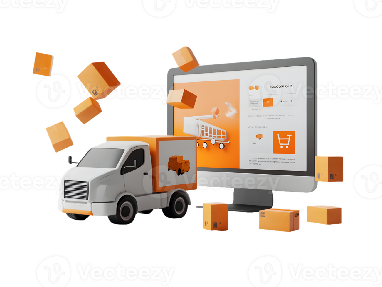 Stylized delivery truck with floating boxes near computer monitor displaying online shopping interface highlighting e-commerce and logistics png